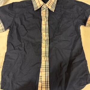 Burberry Navy Blue and Beige Plaid Boys' Short-Sleeve Shirt